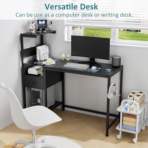 48 inch Reversible Gaming Desk with LED Lights & Power Outlets, Computer Desk with Storage Shelves & Drawer, Home Office Desk with CPU Stand, Black