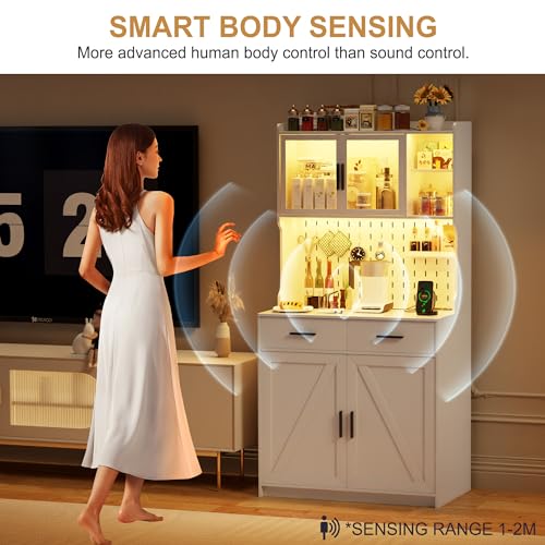 LED Kitchen Pantry Cabinet with Outlets, Farmhouse Storage Cabinet with Drawers & Adjustable Shelves, 64" Cupboard with Pegboard and Hooks for Dining Room (White)