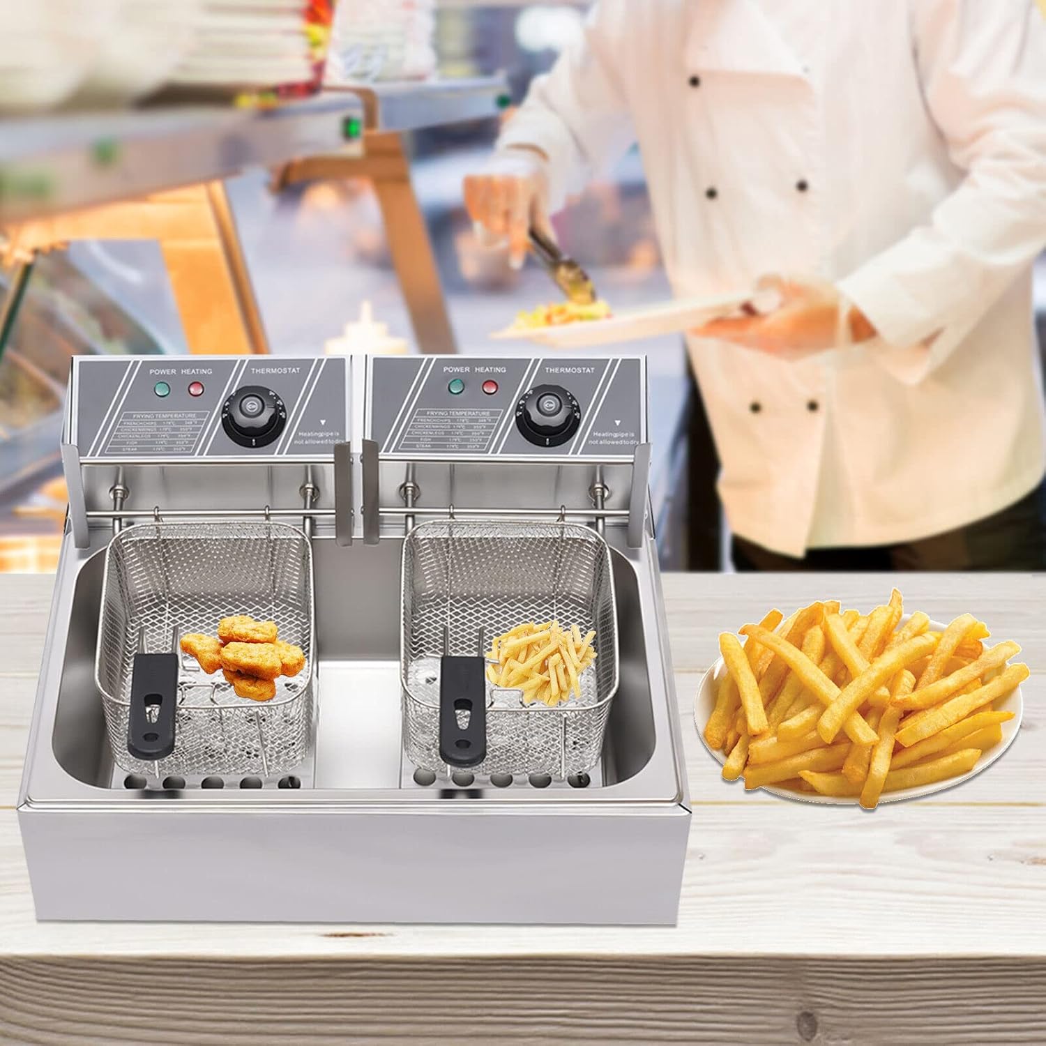 Professional Electric Deep Fryer with 2 Baskets, 5000W Countertop Kitchen Frying Machine, 12L Electric Dual Tank Deep Fryer with Lid, Oil Splash Prevention, for Commercial, Kitchen
