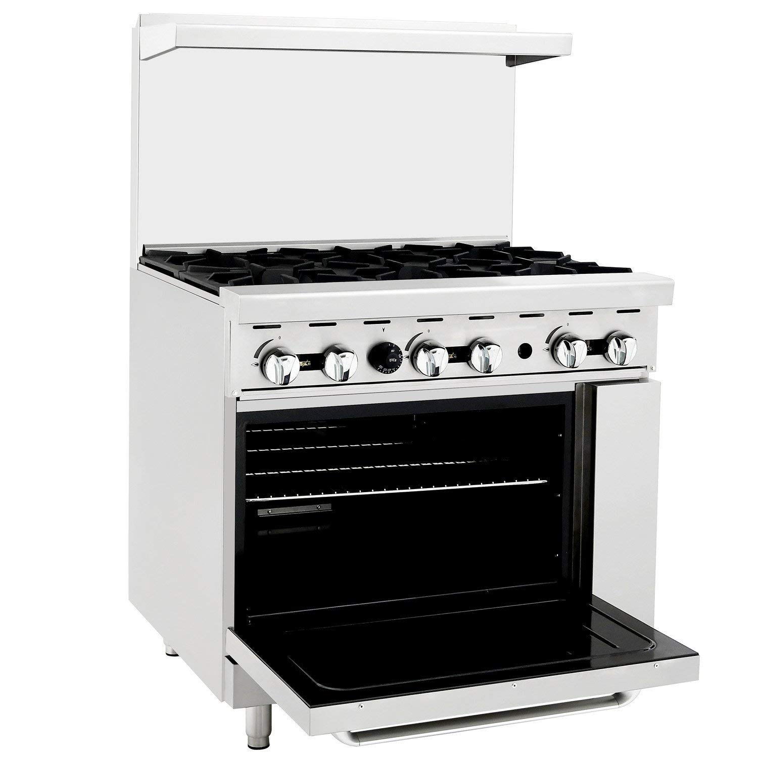 Atosa CookRite AGR-6B-NG 36" Gas Range with Full-Size Oven, Over Shelf and Backsplash Cooker Stove for Diner | 6 Cast Iron / 1 Oven Burner | Heavy Duty Stainless Steel, 219,000 BTU, Natural Gas (NG)
