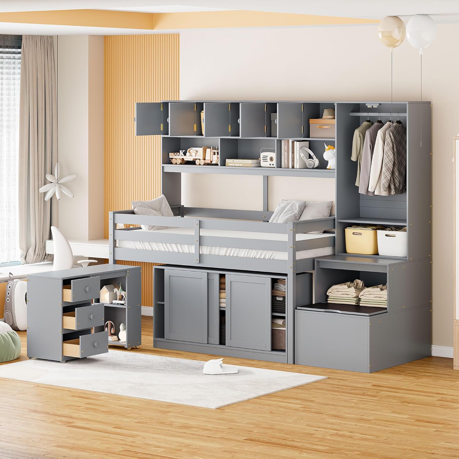 Twin Size Loft Bed for Kids, Extra Large Versatile Wooden Bedframe with Removable Desk/Storage Stairs/Wardrobe/Eight Top Shelves/Two Sliding Door Cabinets, Space-Saving Design, Gray