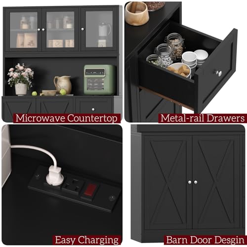 Irontar 70.9'' Kitchen Pantry Cabinet, Kitchen Hutch with Microwave Stand & Charging Station, Farmhouse Tall Storage Cabinet with Countertop, Bar Cabinet with Drawer and Glass Doors, Natural CWG011ME