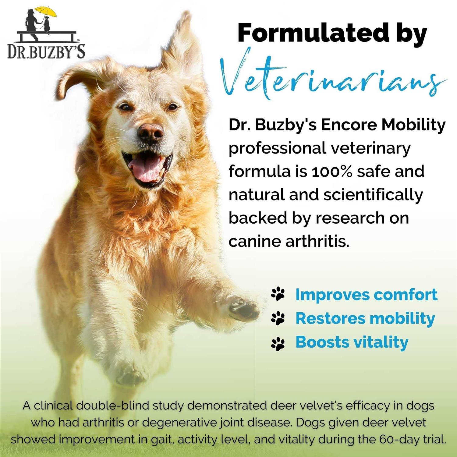 Dr. Buzby's Encore Mobility Hip &amp; Joint Supplement for Senior Dogs, 90 Chewable Tablets, Natural New Zealand Deer Velvet and Green Lipped Mussel - Pet Supplies online store