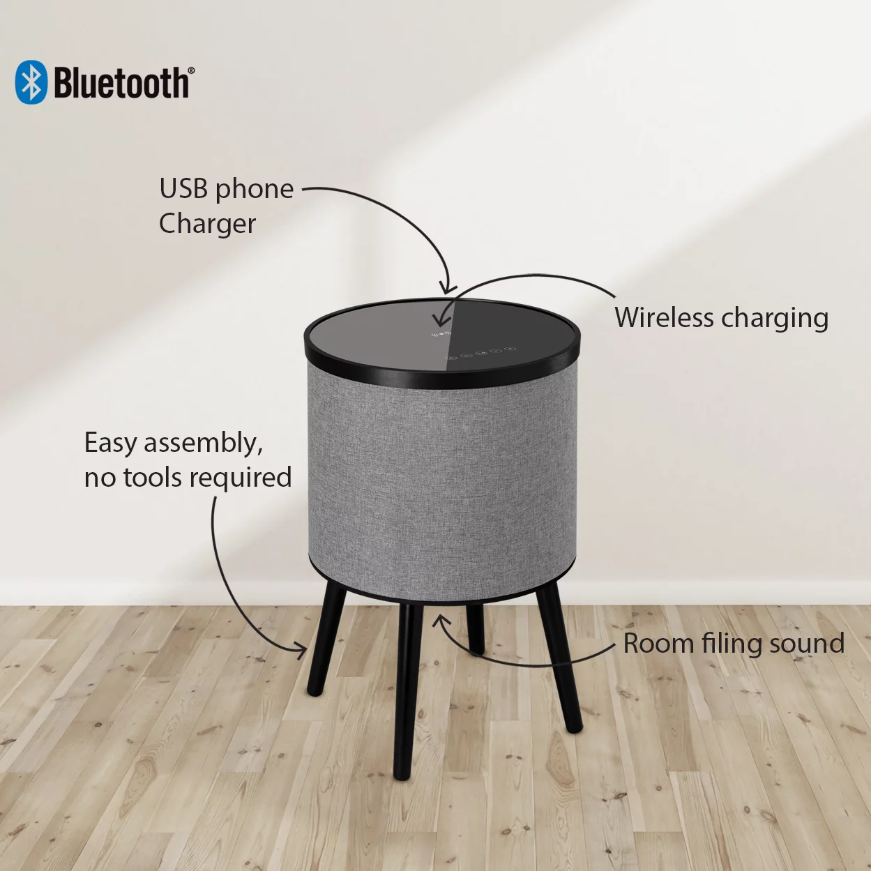 DecorTech Round Bluetooth Speaker End Table with Wireless Charging, Gray
