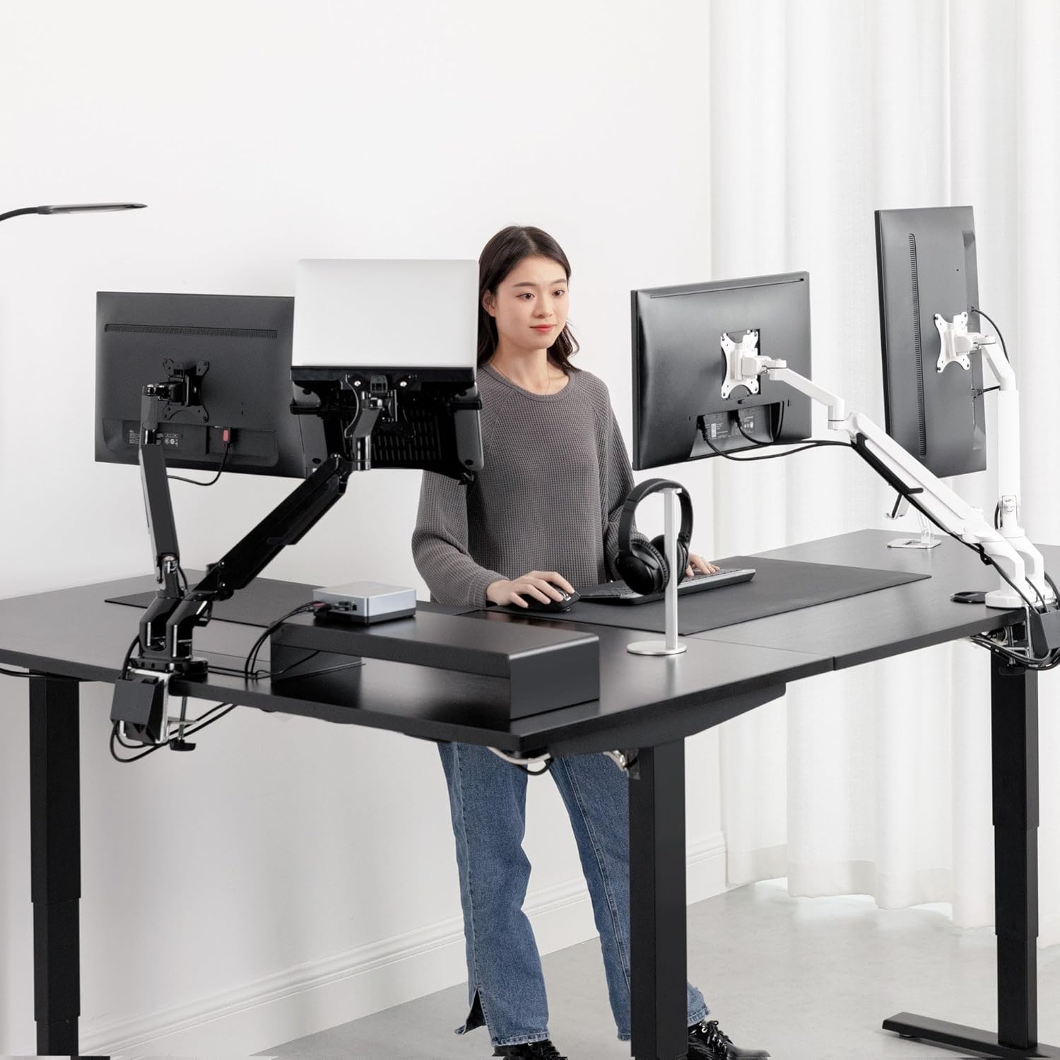 Progressive Desk L Shaped Height Adjustable Standing Desk 78" x 60" - Corner Computer Desk - Electric Stand Up Rising Workstation - Black Frame, Light Walnut