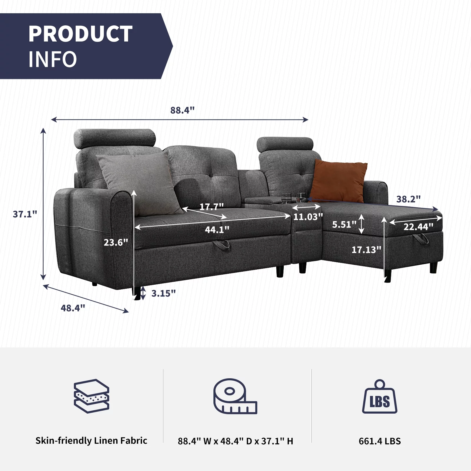 ZAFLY Convertible Sectional Couch, L Shaped Sofa with Storage Chaise, Modern Sectional Sofa with Cup Holders and Neck Pillows, Reversible Sectional Couch for Living Room, Dark Grey