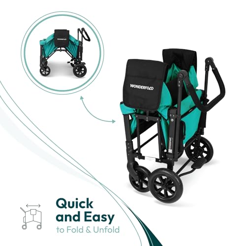 WONDERFOLD W1 Original Double Stroller Wagon (2 Seater) - Collapsible Wagon Stroller with Seats with 5-Point Harnesses, Adjustable Push Handle, and Sun Canopy, Teal Green