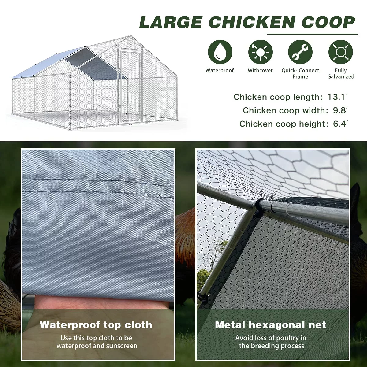 GeeLoon Extra Large Chicken Coop 10 x 13 ft Metal Walk-in Chicken Run Pen Silver