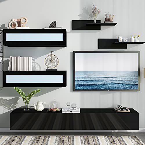 Wall Mount Floating TV Stand with Four Media Storage Cabinets and Two Shelves, Modern High Gloss Entertainment Center for 95+ Inch TV, 16-Color RGB LED Lights for Living Room, Bedroom, Black