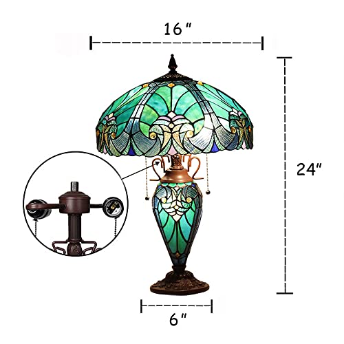 Tiffany Table Lamp with Night Light 16 inch Large Stained Glass Table Light Victorian Style Sea Green Antique 3 Light Desk Lamp for Living Room Bedroom Office