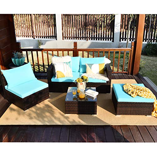 Tangkula 5 Piece Outdoor Patio Furniture Set, Sturdy Frame and Weight Capacity Up to 360 Pound, Wicker Sectional Sofa Set with Glass Top Coffee Table, Porch Garden Poolside Furniture for 4 (Turquoise)