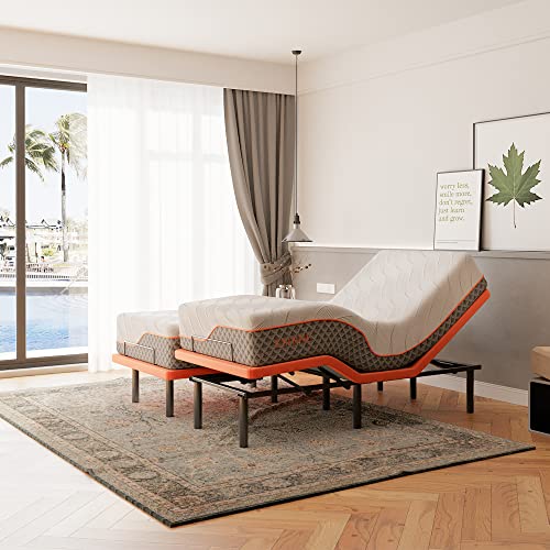 Split King Adjustable Bed Frame with Mattress - 14” Luxury Hybrid Mattress, Smart APP Contorl, Massage, Zero Gravity, Anti-Snore, 5 Minutes Installation, Head and Foot Incline, Medium Soft, Split King