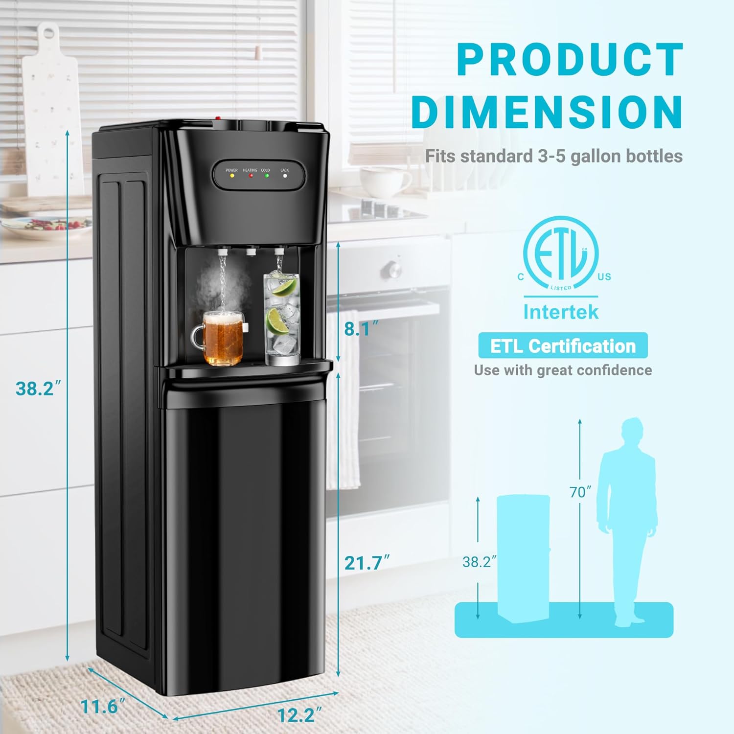 Bottom Loading Water Cooler Dispenser Hot Cold & Room Temp Water Dispenser for 3 or 5 Gallon Bottles, Empty Bottle Indicator, Child Safety Lock, Ideal for Home, Office, Living Room