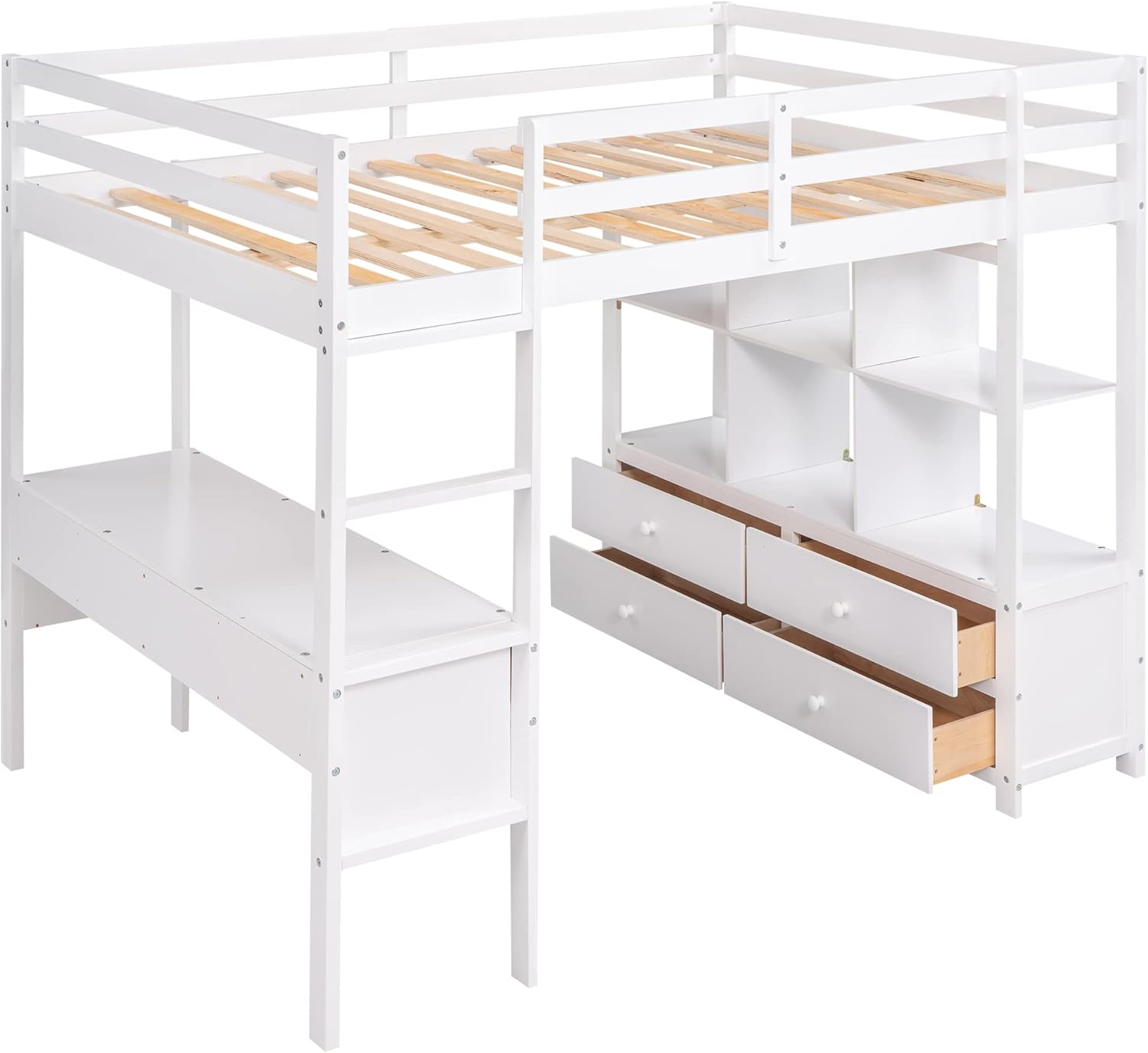Full Size Loft Bed with Built-in Desk, Space Saving Loft Bed with Two Drawers, Storage Shelves and Drawers, Multifunctional Wooden Loft Bed for Kids Teens (White-Shelves and Drawers)