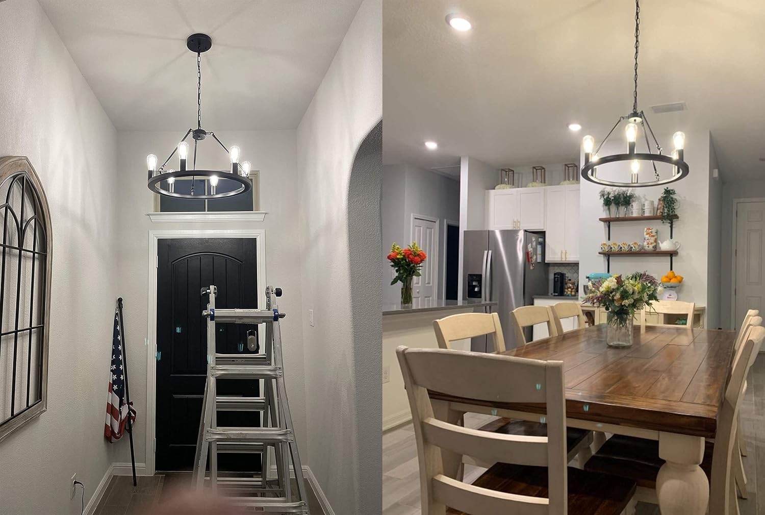 6-Light Black Industrial Farmhouse Chandelier, Wagon Wheel Modern Round Kitchen Island Lighting for Dinning Room Bedroom Foyer