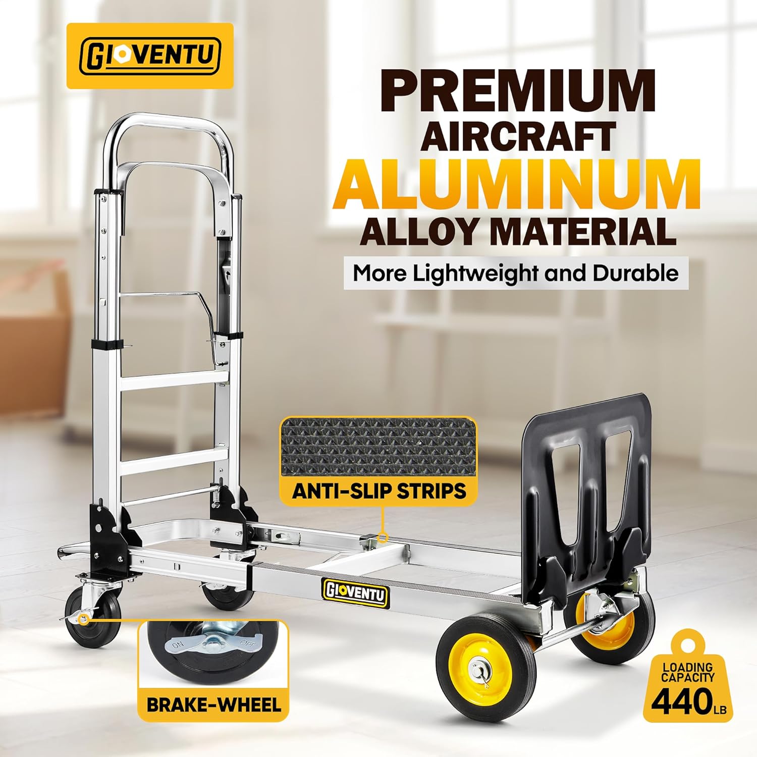 Upgraded 3 in 1 Convertible Hand Truck Dolly, 440 lb Capacity Folding Hand Truck Dolly Cart, Aluminum Dolly Hand Truck with Rubber Brake-Wheels, Anti-Slip Strip & 2 Bungee Ropes for Luggage Office Use
