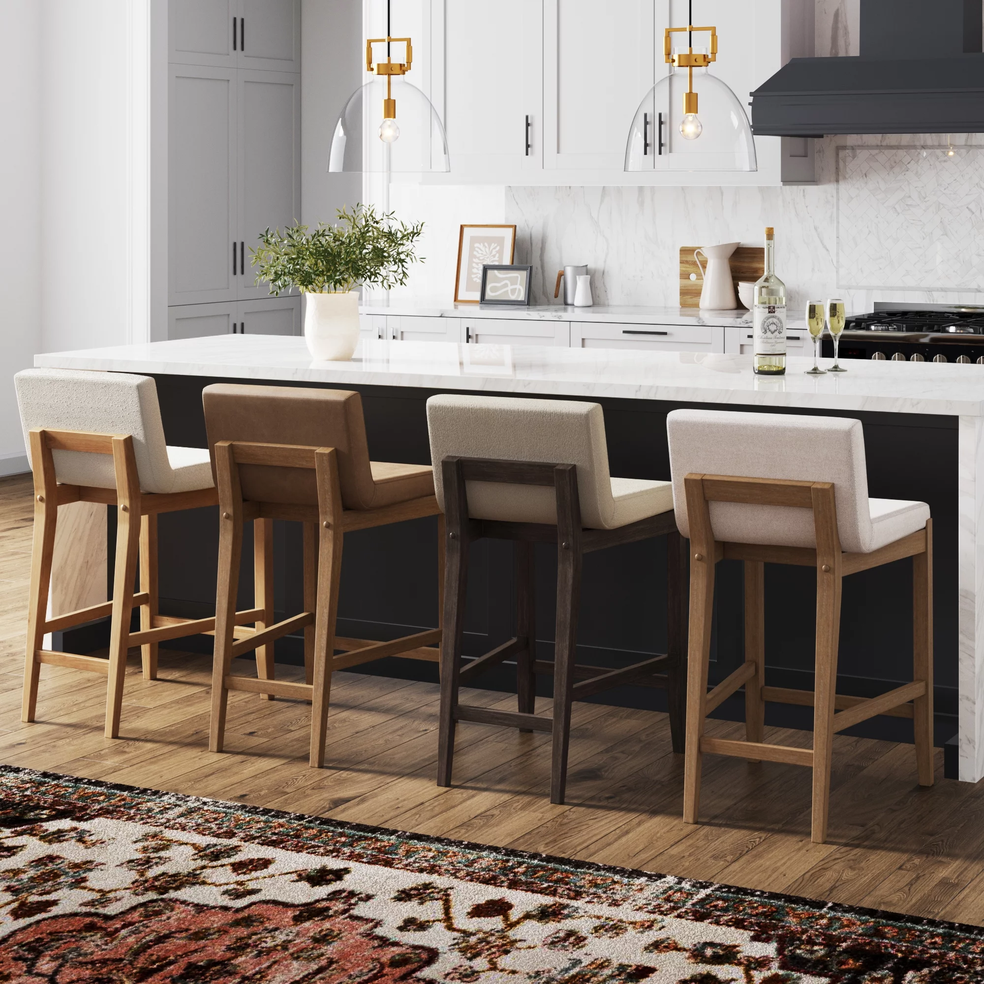 Gracie Modern Counter Height Bar Stool with Back, Counter Stool Upholstered Chair with Natural Textured Boucle Linen and Brushed Wooden Legs, White/Light Brown