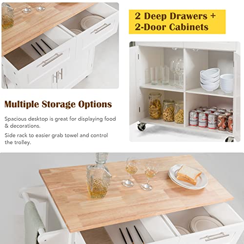 Topment Rolling Kitchen Island Cart Storage Trolley Multipurpose Serving Cart with Storage,Lockable Wheels,Towel Rack and Rubber Wood Top(White)