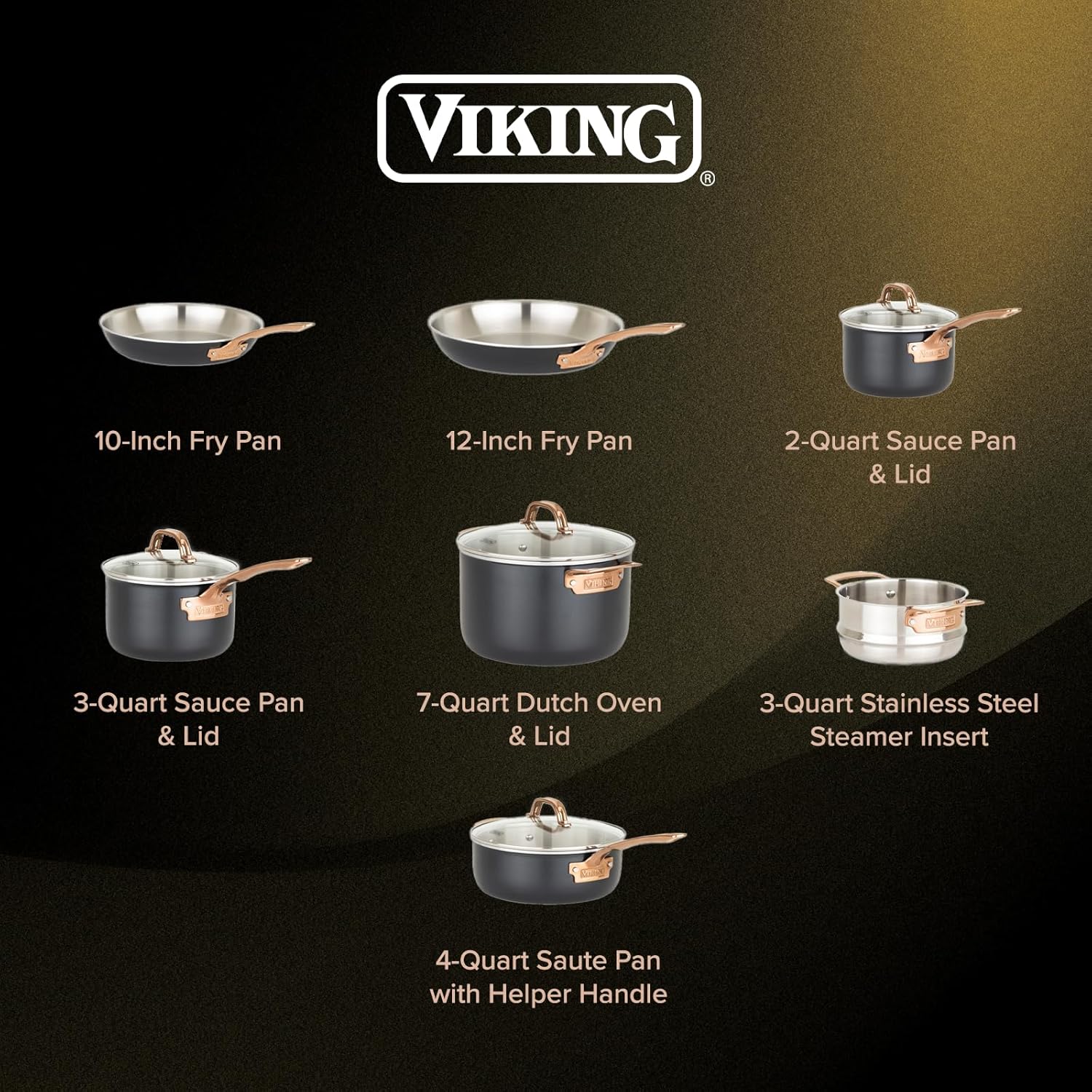 Viking Culinary 3-Ply 11 piece Cookware Set, Black with Copper with Glass Lids, Works on All Cooktops including Induction