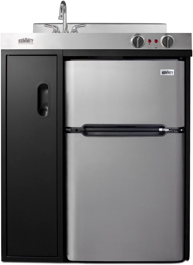 Summit Appliance C30ELBK 30" Wide All-in-One Kitchenette in Black with a 2-Burner 115V Coil Cooktop, 2-Door Refrigerator-Freezer, Sink, and Large Storage Cabinet