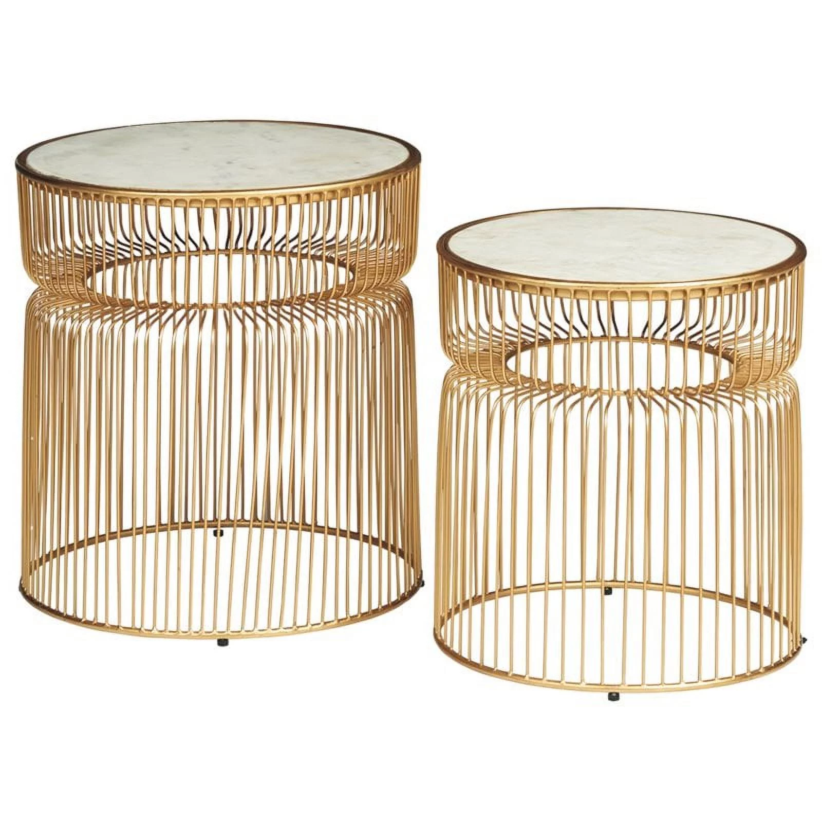 Bowery Hill Contemporary Marble 2 Piece Accent Table Set in White and Gold