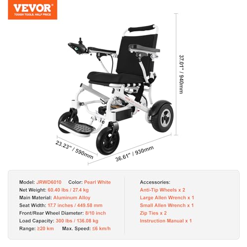 VEVOR Electric Wheelchair for Adults Seniors, 300 lbs Weight Capacity, 17.7 in Width Lightweight Foldable Motorized Power Wheelchairs, 20Ah battery All Terrain Aluminum Alloy Chair