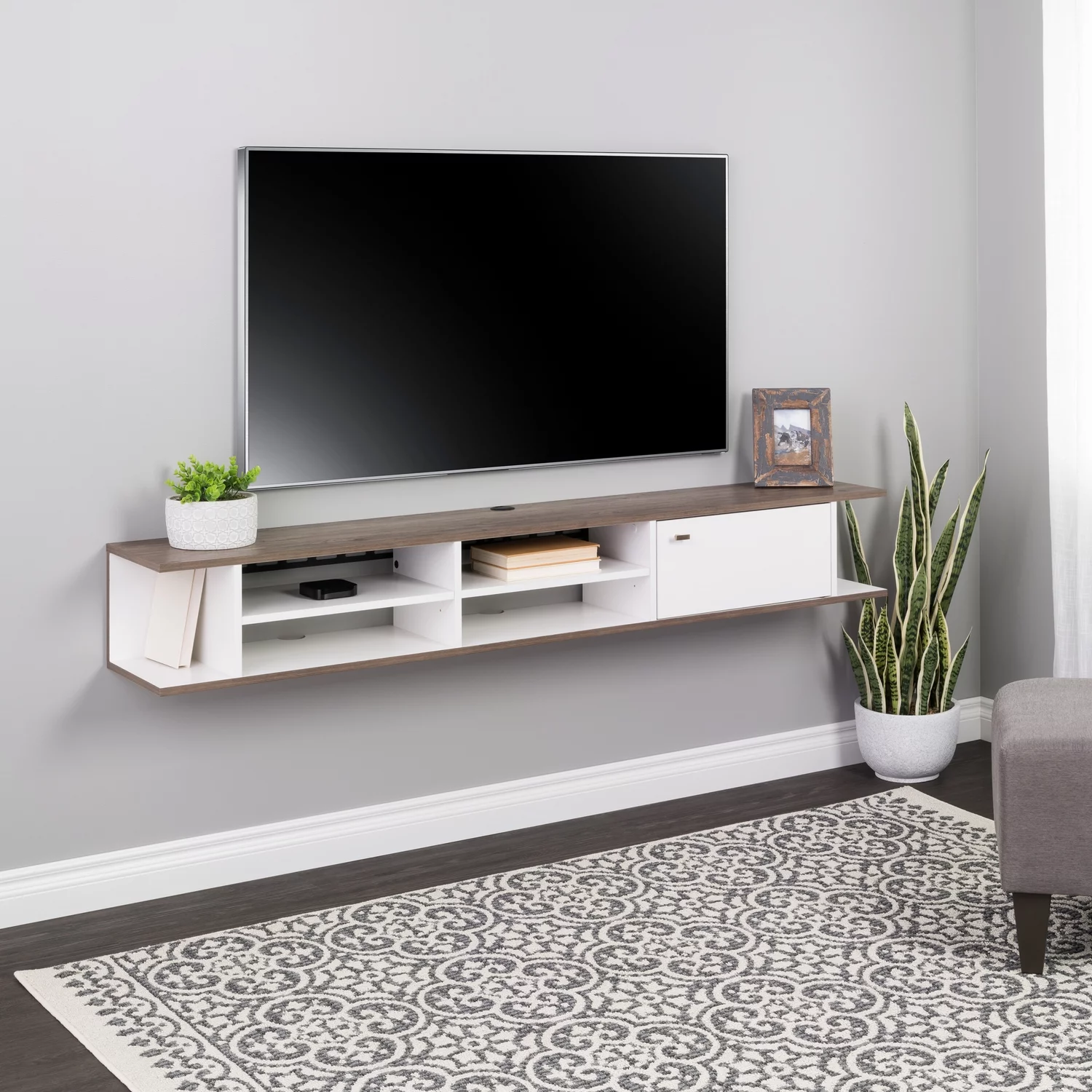 Prepac Wall Mounted Media Console with Door, White and Drifted Gray