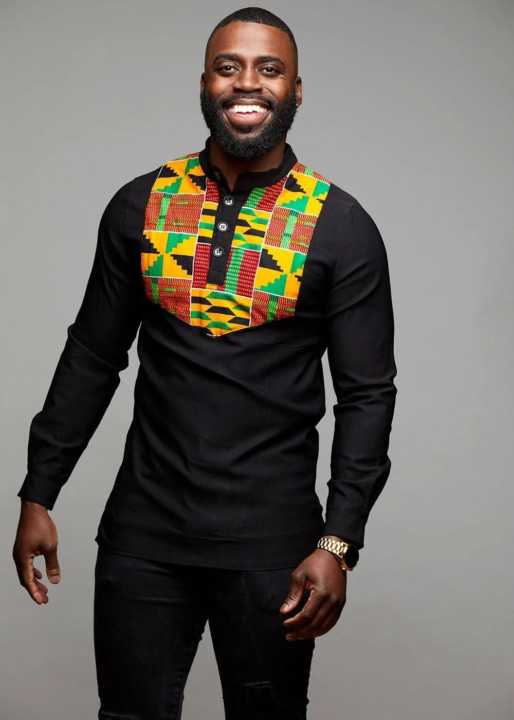 Meka Men&s African Print Collared Henley (Yellow/Green Kente)