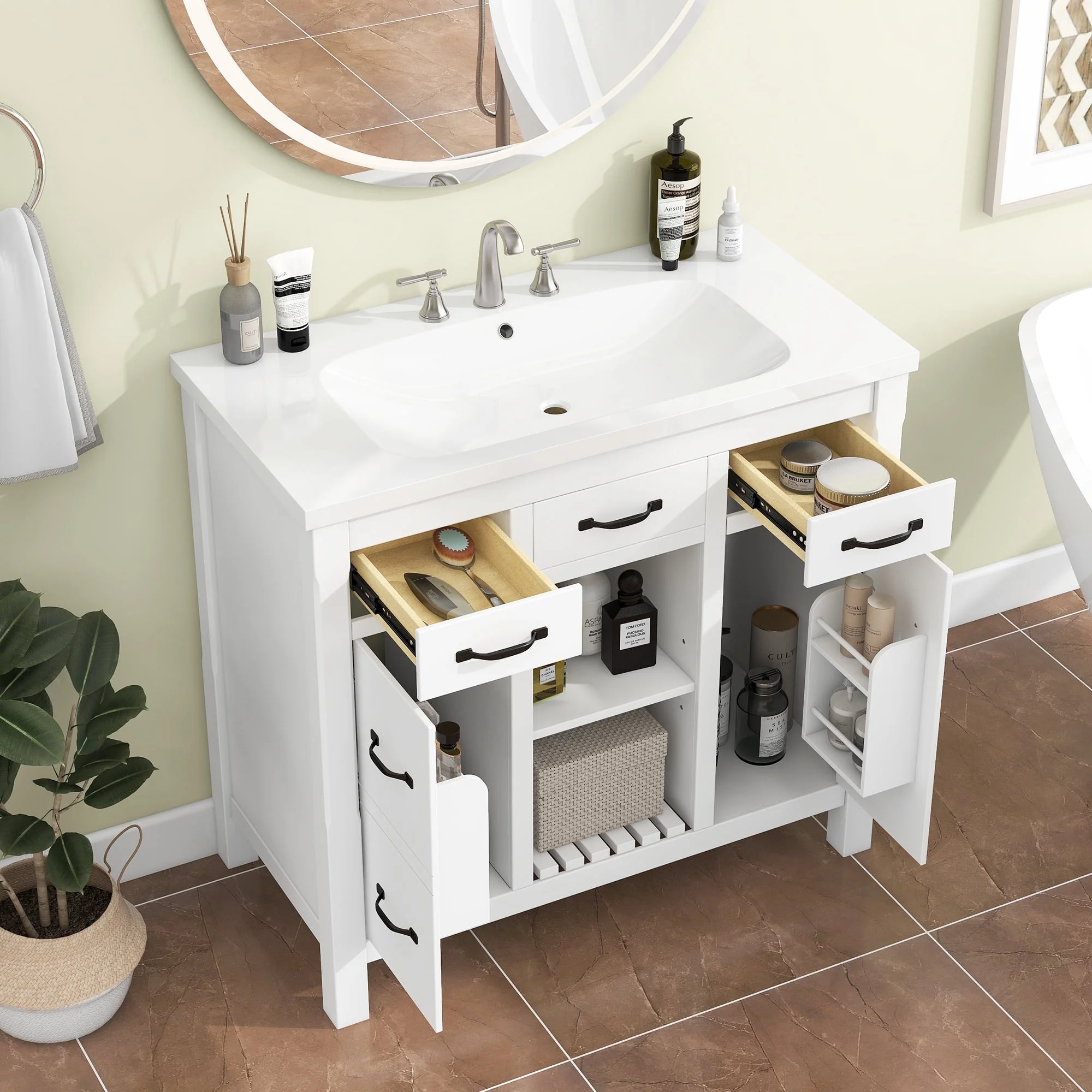 EUROCO 36" Bathroom Vanity with Sink,Modern Bathroom Storage Cabinet with 2 Drawers and 2 Cabinets,1 Shelf,Solid Wood Frame Bathroom Dresser,White - Curated Treasures Market