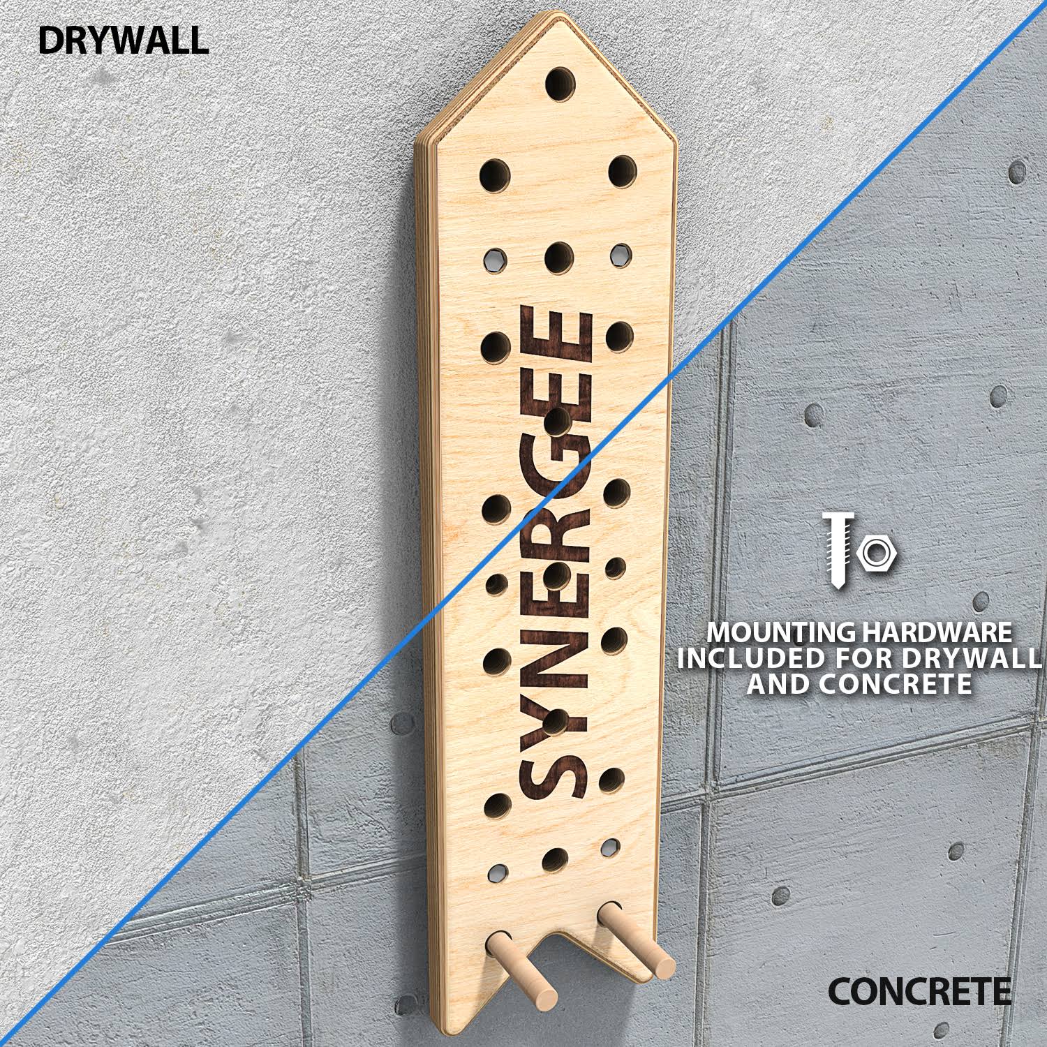 Synergee Peg Board 4ft and 8ft Climbing Pegboard for Pull Up, Rock Climbing, Parkour, and Fitness. Includes 2 or 4 Pegs.