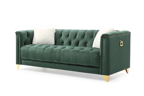 81" Chesterfield Sofa, Deep Button Tufted Upholstered Accent Sofa with Square Arm and Gold Legs, Large Sofa Couch with 2 Pillows and Nailhead Trim for Living Room Apartment Office, Green