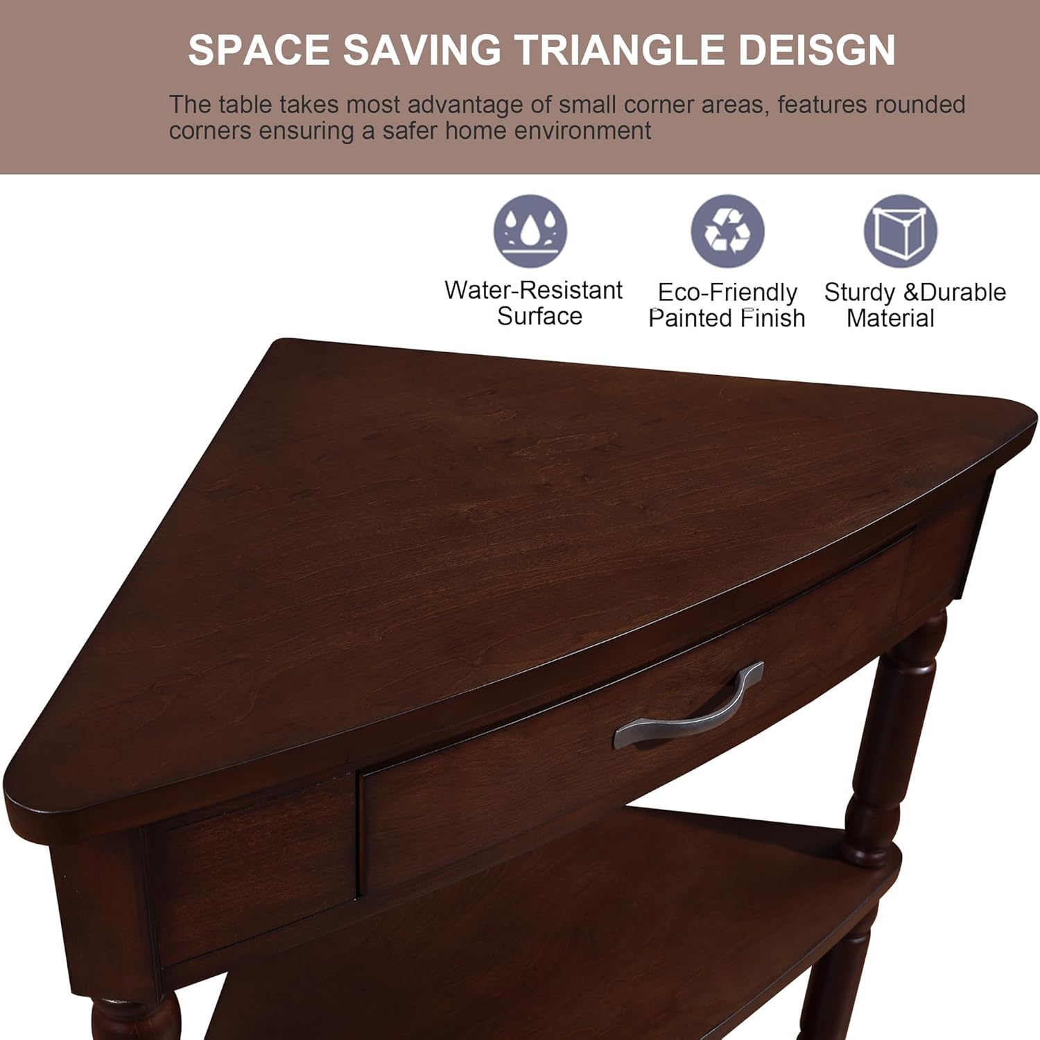 Classical Triangle Corner Table, Wood Corner Side Table with 1 Storage Drawer, 3 Tier End Corner Table with Solid Wood Legs for Small Spaces, Living Room,Bedroom, Light Espresso