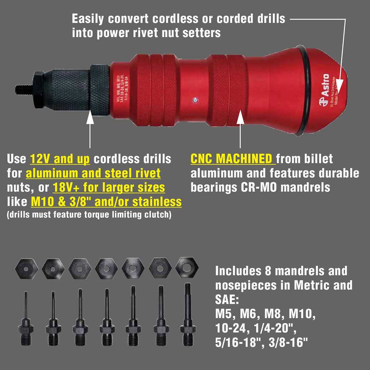 Astro Pneumatic Tool ADN38 XL Rivet Nut Drill Adapter Kit - Shop Hardware Tools Online Store