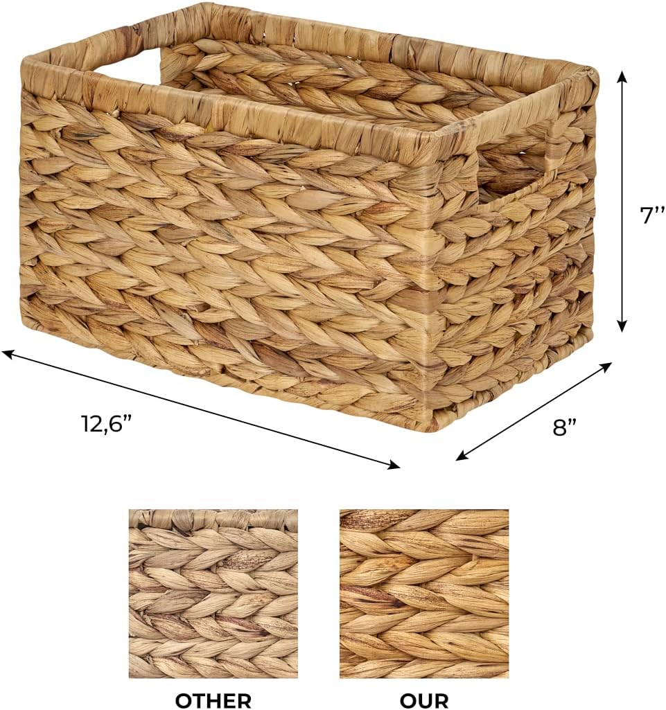 BARIEN Natural Water Hyacinth Storage Baskets, Rectangular Wicker Basket with Built-in Handles, Medium, 12.6&rdquo; x 8&rdquo; x 7&rdquo;, 2-Pack