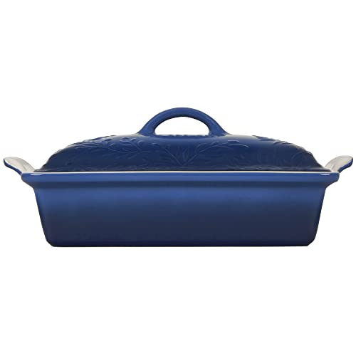 Le Creuset Olive Branch Collection Stoneware Heritage Covered Rectangular Casserole, 4 qt., Marseille with Embossed Lid