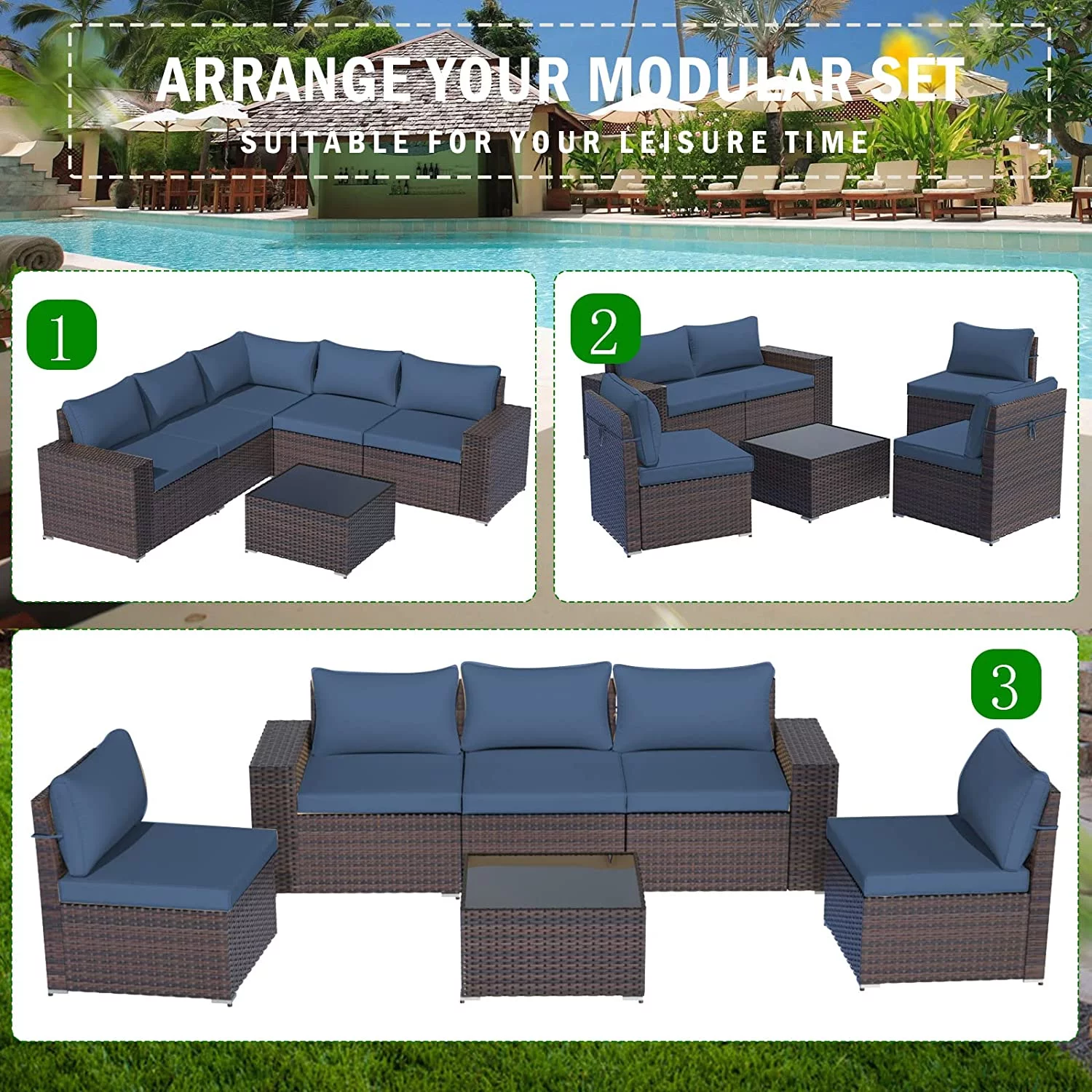 Gotland Patio Furniture Sets 6 Pieces PE Rattan Wicker Patio Sectional Outdoor Sofa Set(Navy blue)