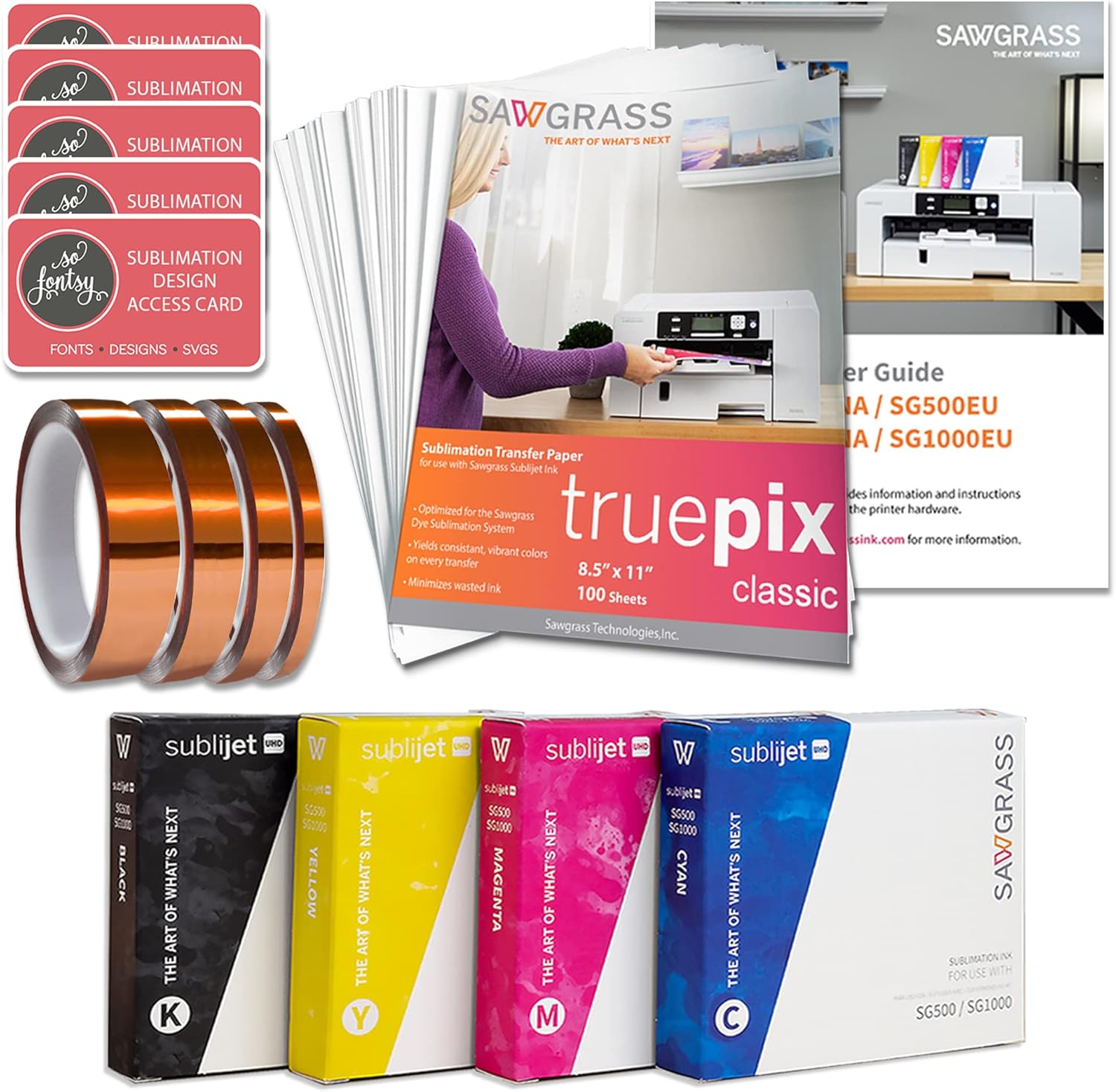 Sawgrass UHD Virtuoso SG500 Sublimation Printer Starter Bundle with Inks, Mug Heat Pres, Sublimation Paper, Tape, Blanks, Designs and Access to Exclusive Content