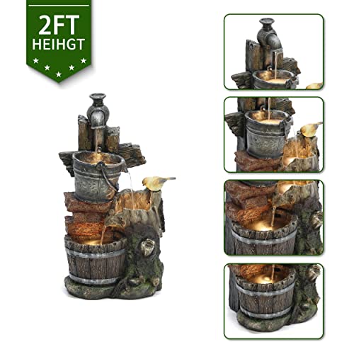 LuxenHome 22.4" Farmhouse Pump and Pots Resin Outdoor Fountain with LED Lights Outdoor and Indoor Water Fountain for Gardens, Landscaping, Patios, Balconies, and Lawns