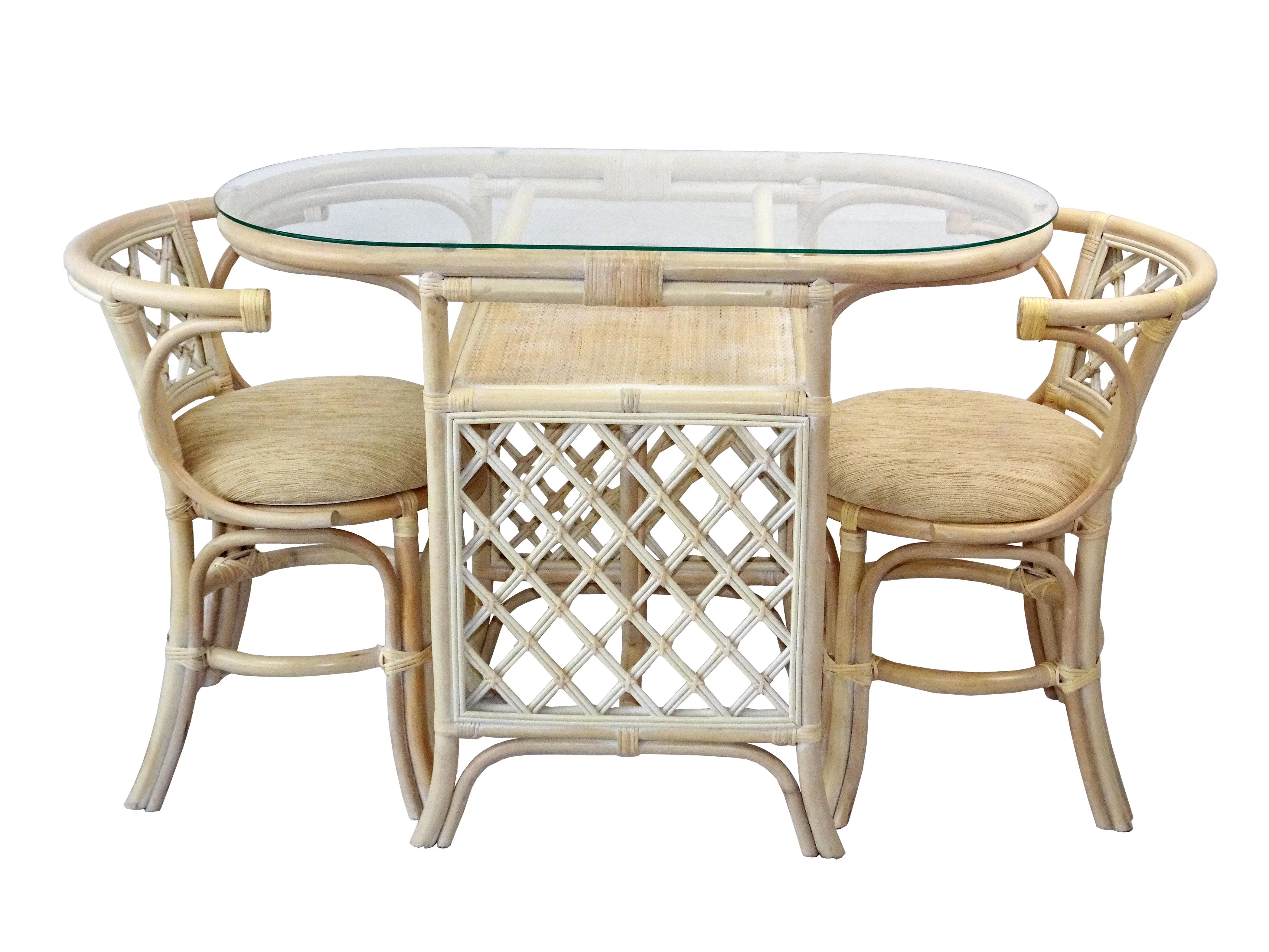 SK New Interiors Dining Furniture Borneo Set of 2 Natural Rattan Chairs w/Cream Cushion and Oval Table w/Glass, White Wash