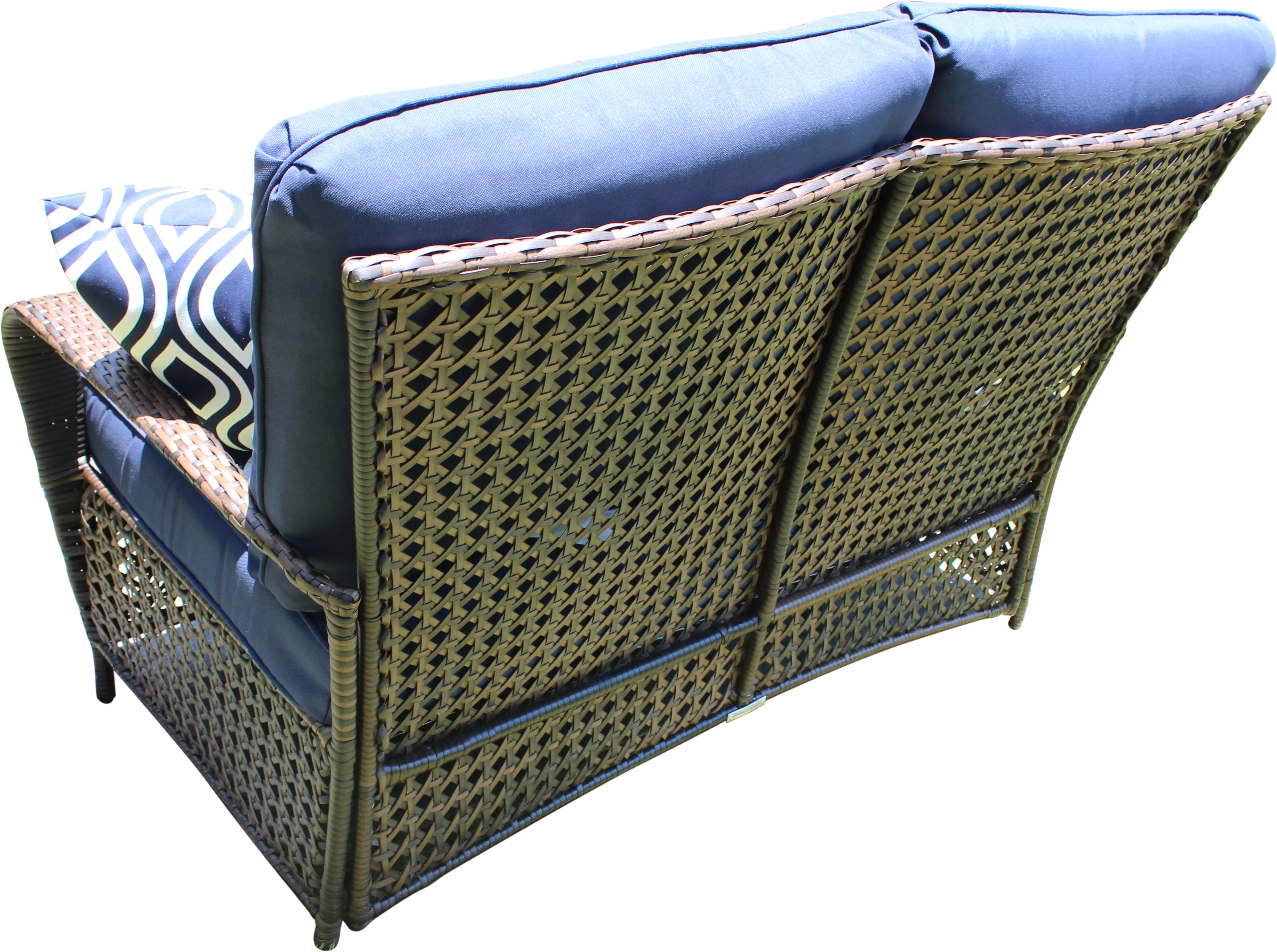 Belle Patio Amber 4 Piece Wicker Outdoor Patio Furniture Conversation Set with 4 Seats, Tempered Glass Table Top, Navy Cushions