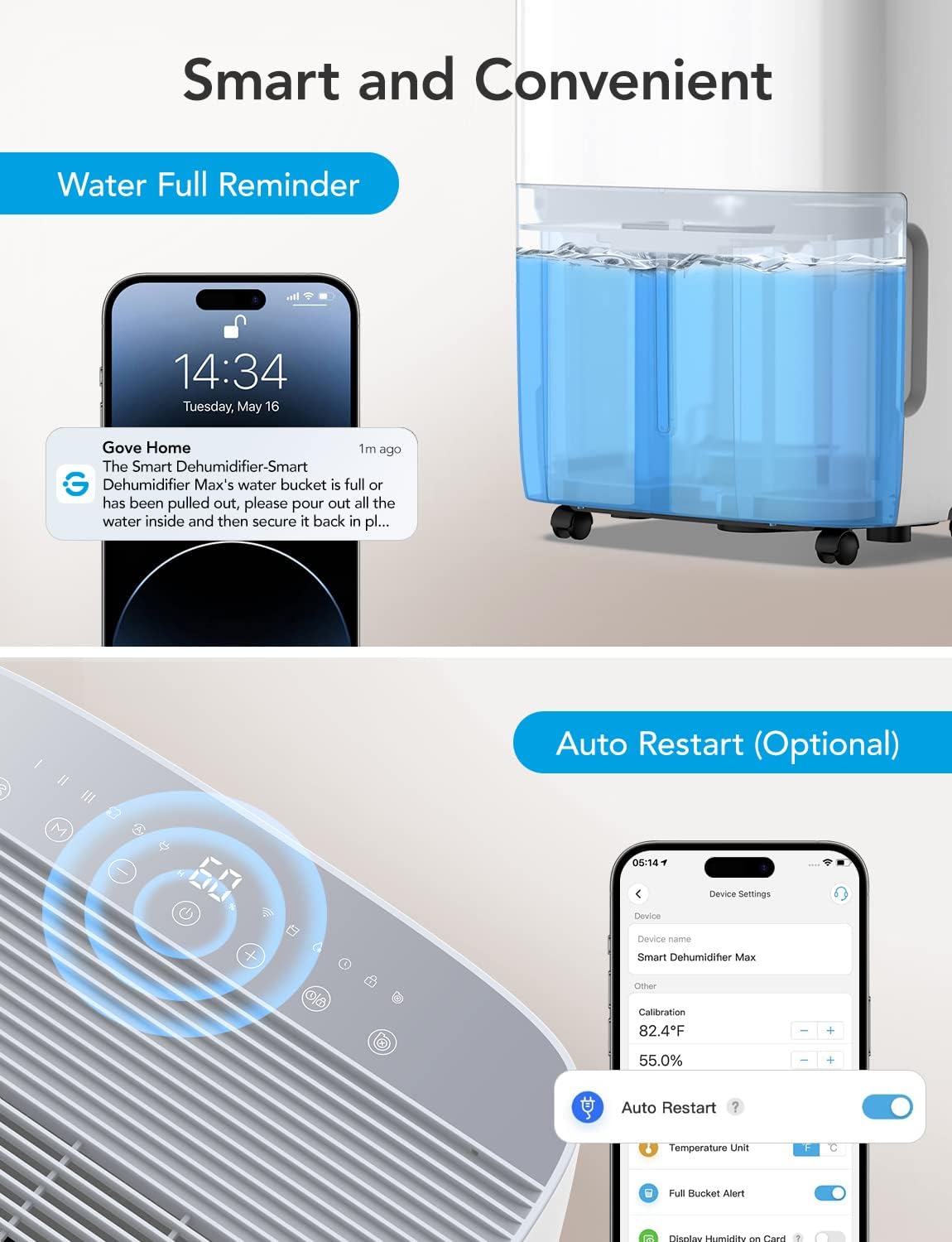 GoveeLife Smart Dehumidifier for Basement 4,500 Sq.Ft, 50 to 109 Pint Auto Humidity Control, Drain Hose, 2.0Gal Bucket, Energy Star Most Efficient H7151, WiFi Dehumidifiers for Large Room