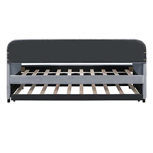 Upholstered Twin Size Daybed with 2 Storage Drawers,Upholstered Day Bed Frame Velvet Sofa Beds with Vertical Channel Tufted Headboard w/Wood Slat Support,No Box Spring Needed