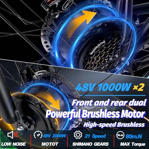 2000W Electric Bike Adults with 48V 20AH Battery, 26x4.0 Fat Tire Mountain E Bike, 31-35MPH All Terrain Electric Bicycle Dual Motor Electric Bike for Adults 21-Speed Dual Hydraulic Disc Brake