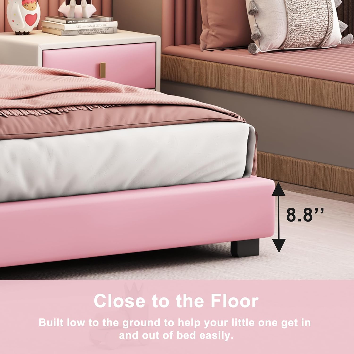 Bellemave Twin Size Princess Bed Frame with Crown Headboard, PU Upholstered Princess Twin Bed for Girls,Kids Twin Platform Bed,(Twin,Pink)