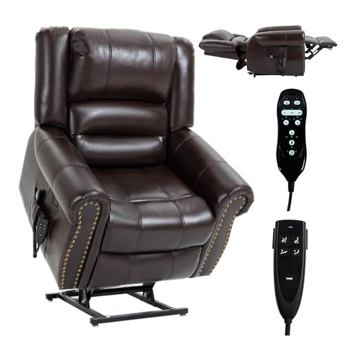 Dual Motor Power Lift Chair, Lay Flat Recliner Chair, Electric Recliner with Massage and Heat for Elderly, Remote Control, Infinite Position, Standing Assistance, USB Ports, Faux Leather, Brown
