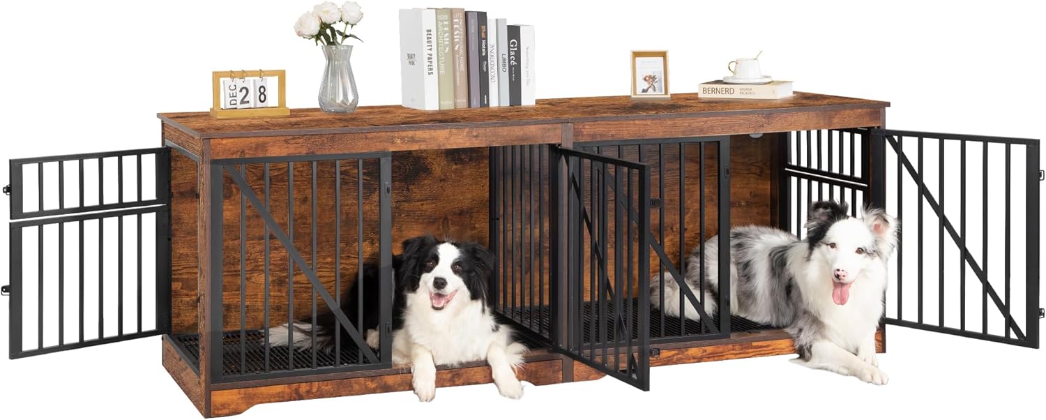 76.4" Dog Crate Furniture with Divider for 2 Dogs, Large Dog Kennel Indoor with Adjustable Door, Tray, Wood Dog Crate End Side Table for Small Medium Large Dog, Anti-Chew Anti-Escape, Brown