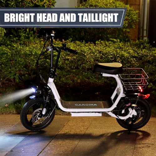 Caroma Peak 500W/800W/1200W Electric Scooter with Seat, Max 15/20/30Miles Range&20MPH, 14" Tires Foldable Adult Electric Scooter with Basket for Pets & Cargo, Dual Shock Absorbing Ebike for Commuting