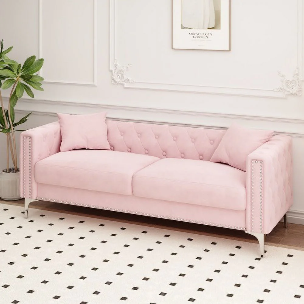 Sofa Includes 2 Pillows, 83 "Pink Velvet Triple Sofa, Suitable For Large And Small Spaces