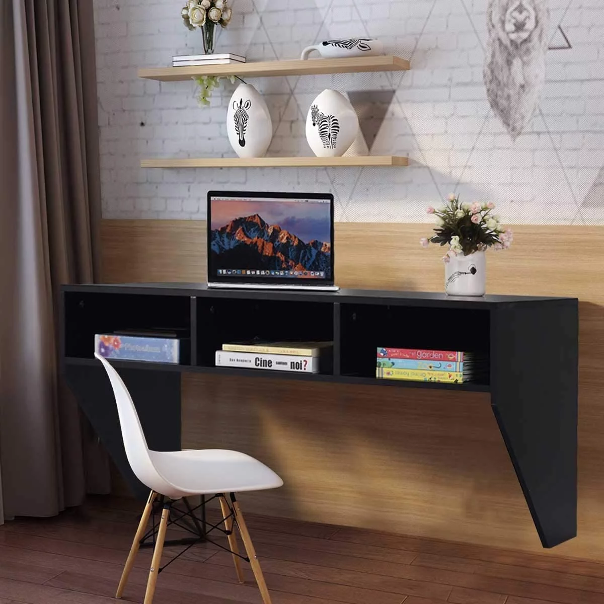 Wall Mounted Desk Floating Computer Desk, Writing Study Table W/3 Storage Shelves, Laptop PC Table for Living Room, Bedroom, Office (Black)