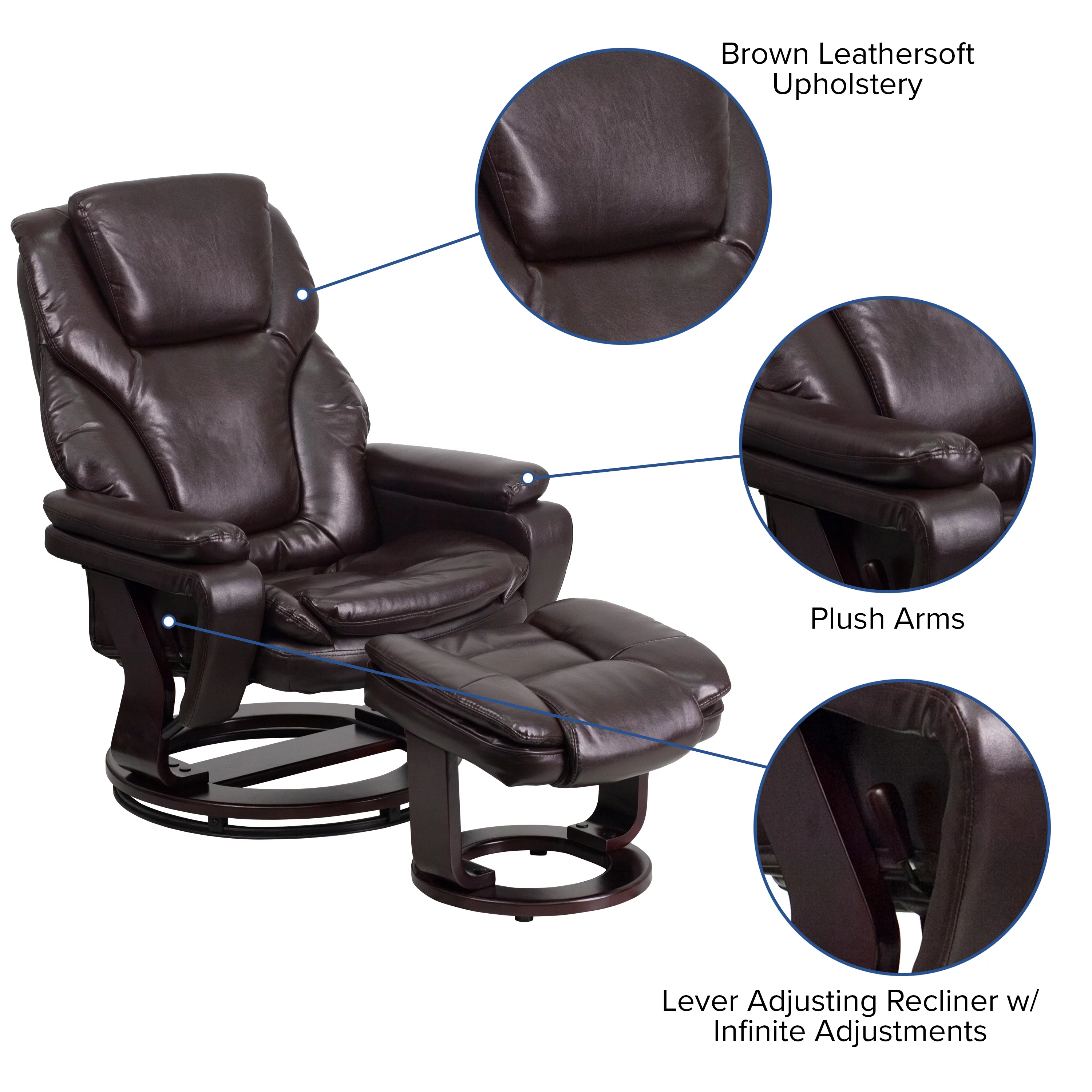 BizChair Contemporary Multi-Position Recliner and Ottoman with Swivel Mahogany Wood Base in Brown LeatherSoft